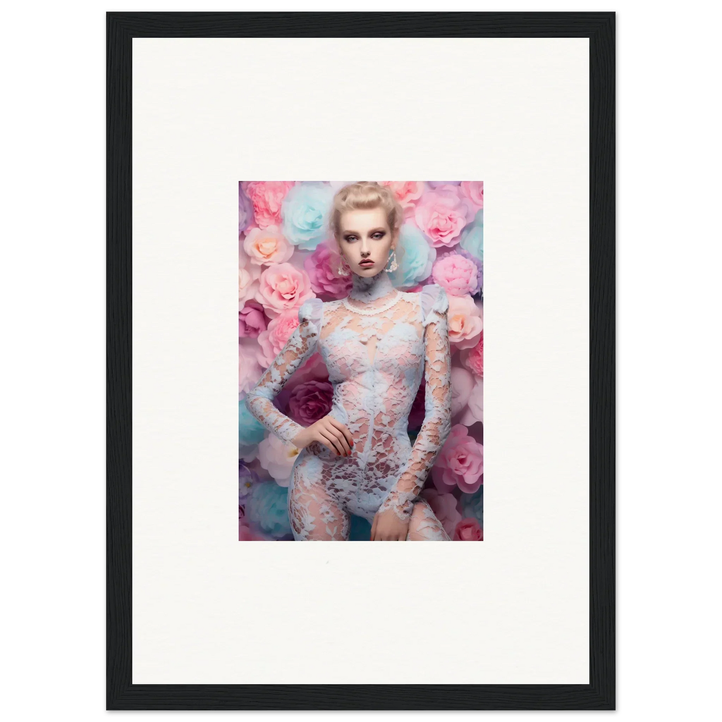 Framed artwork depicting a woman surrounded by pink and blue floral elements.