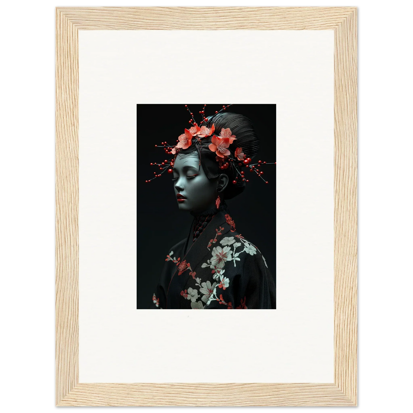 Framed wall art featuring a figure with floral elements and cherry essence for room decor