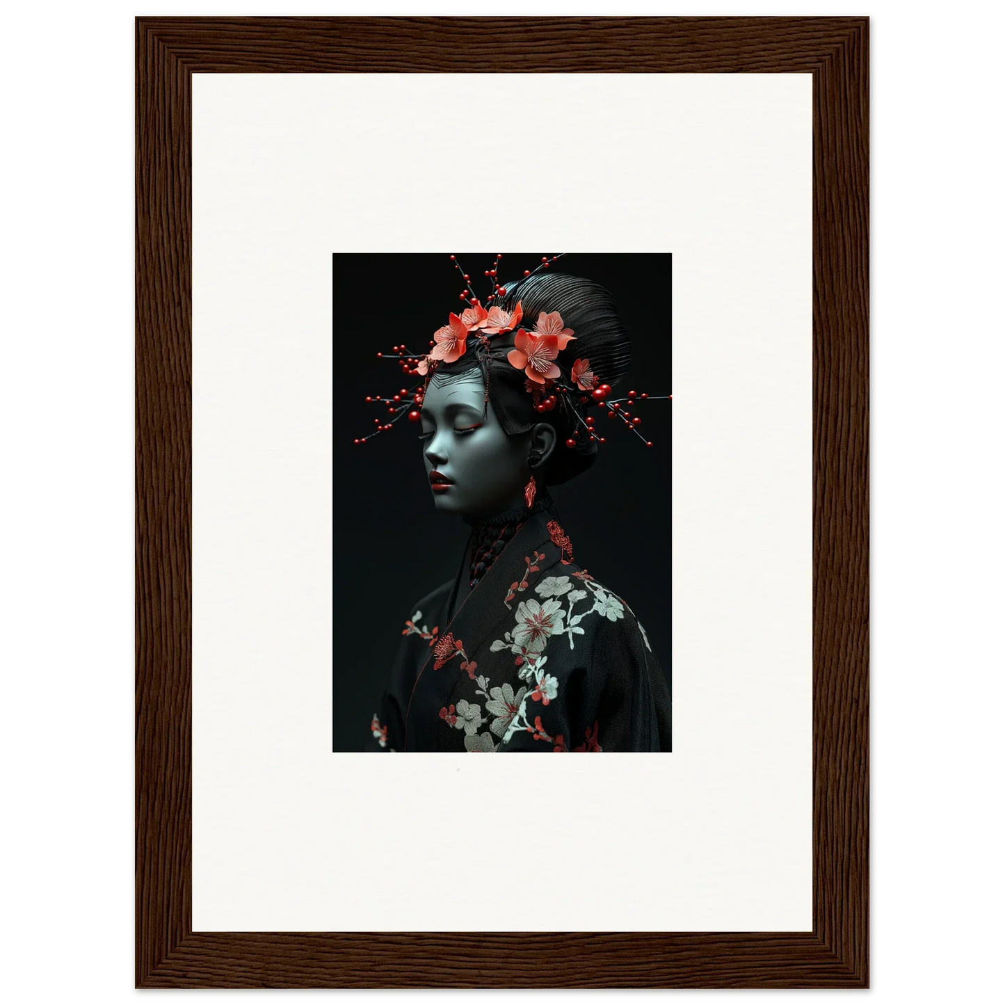 Framed wall art featuring floral elements and Cherry Essence on a dark background