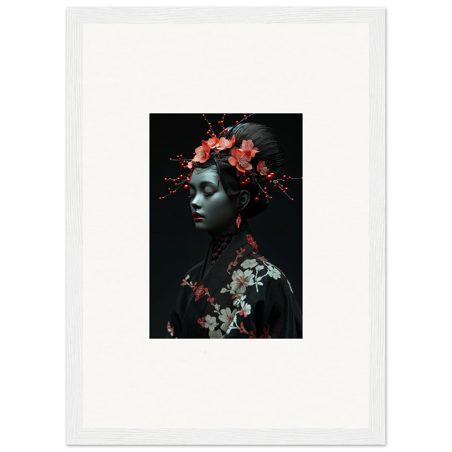 Framed wall art featuring floral elements and cherry essence on a dark background