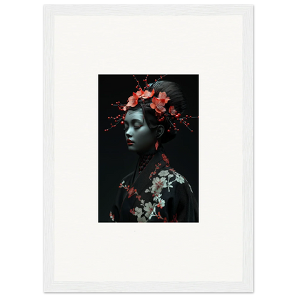 Framed wall art featuring floral elements and cherry essence on a dark background