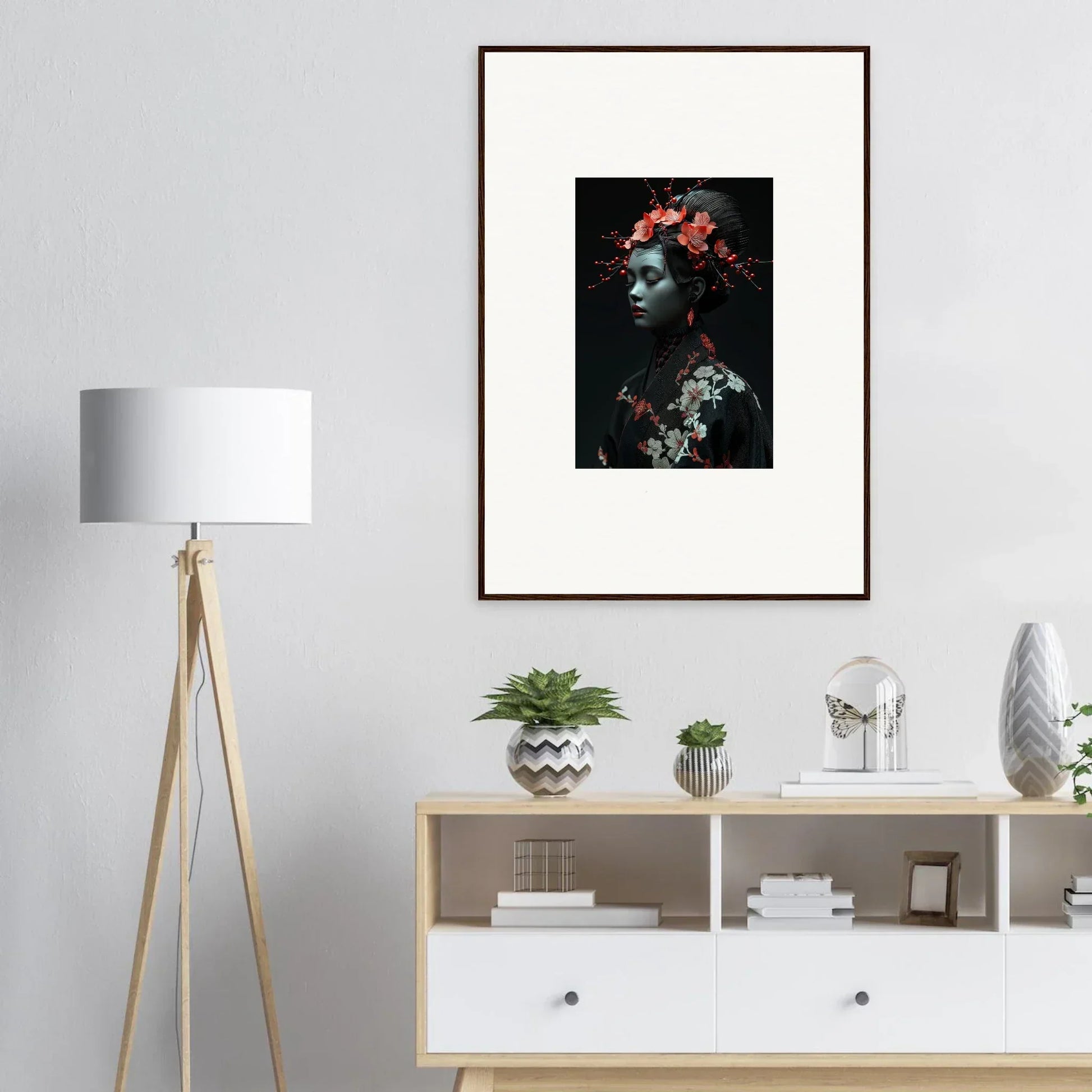 Framed wall art of a figure with flowers, enhancing room decor with cherry essence