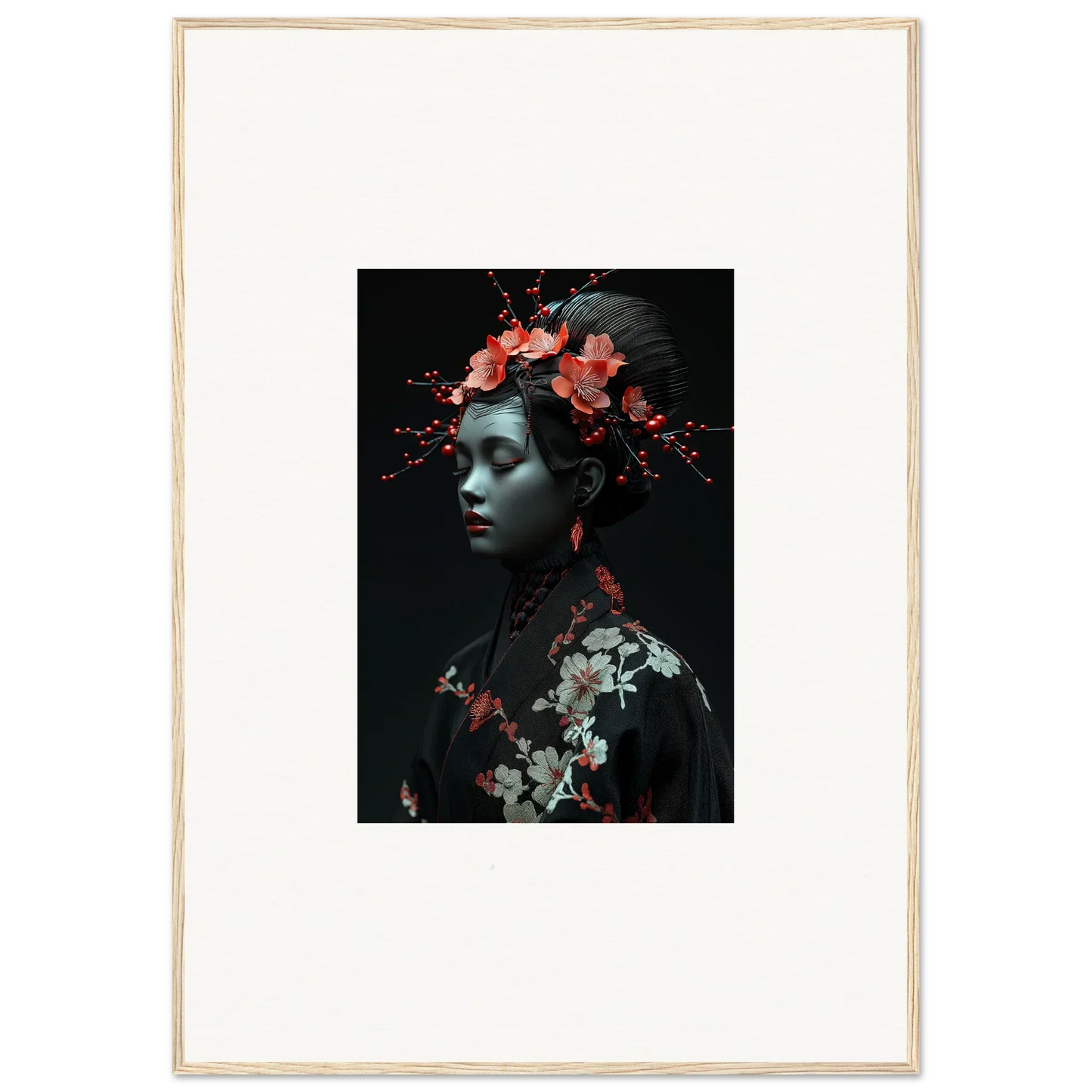 Framed wall art featuring a person with red flowers and Cherry Essence for room decor