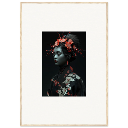 Framed wall art featuring a person with red flowers and Cherry Essence for room decor