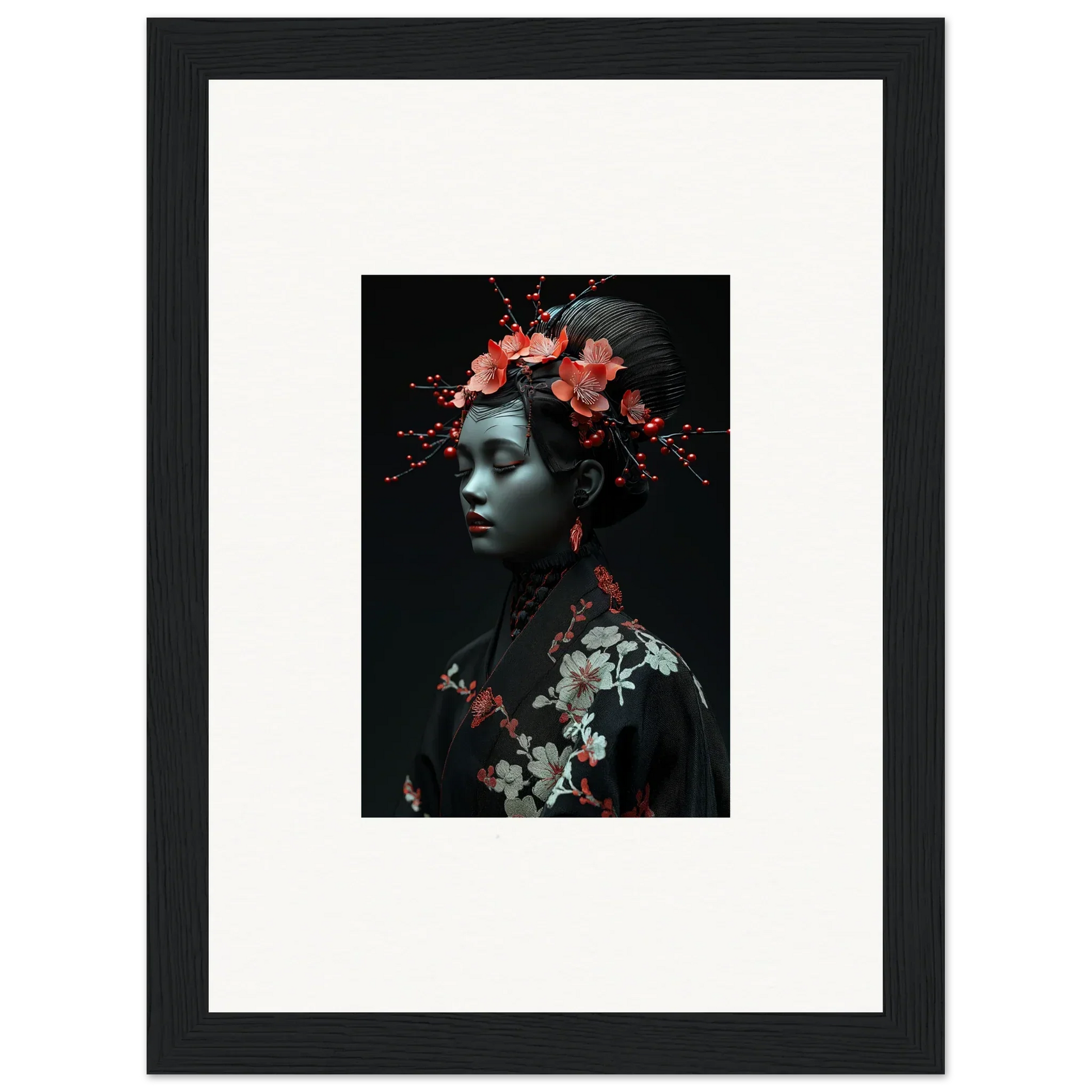 Framed wall art featuring a figure with floral elements and cherry essence in dark decor