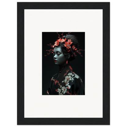 Framed wall art featuring a figure with floral elements and cherry essence in dark decor