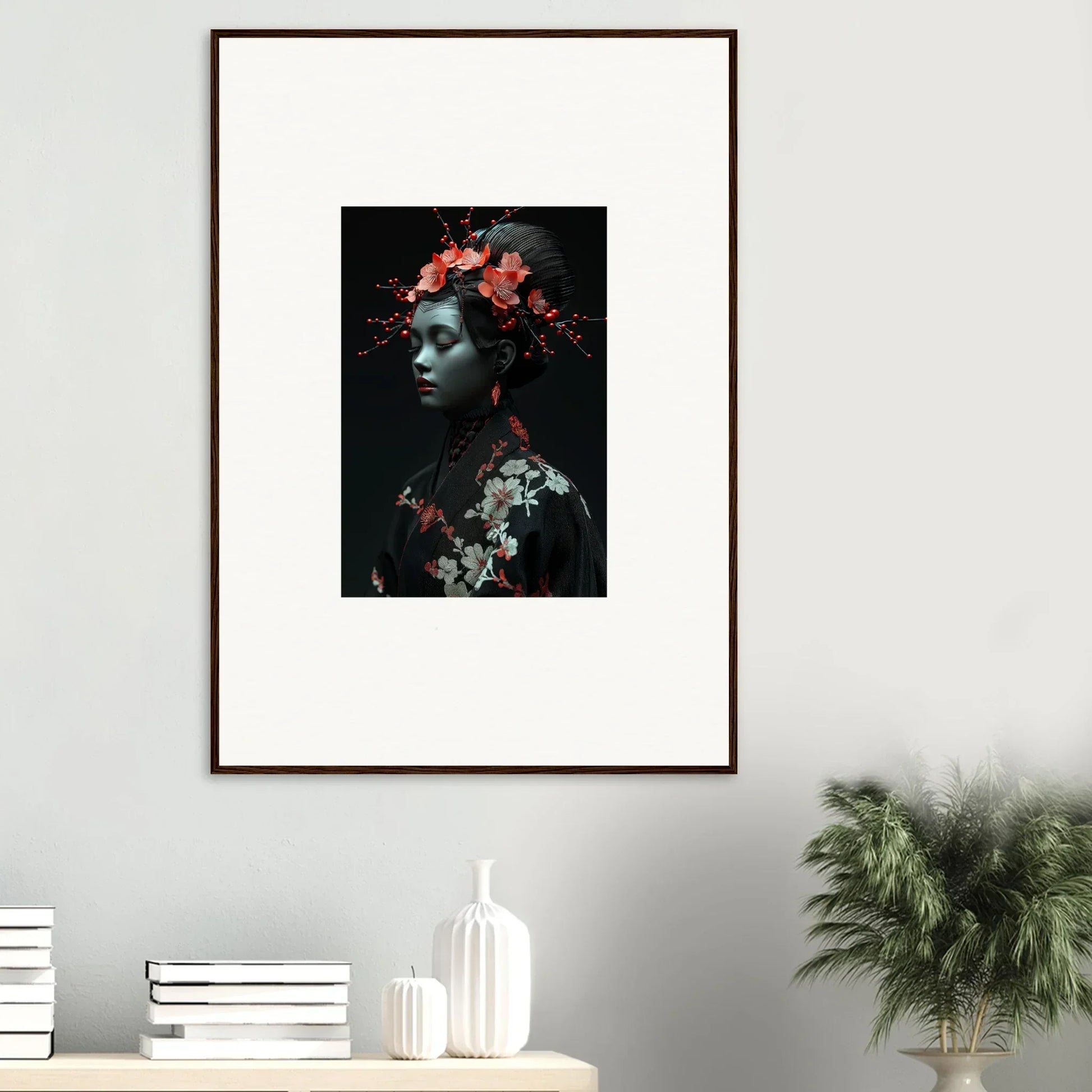 Framed wall art of person with cherry essence flowers against dark background for room decor