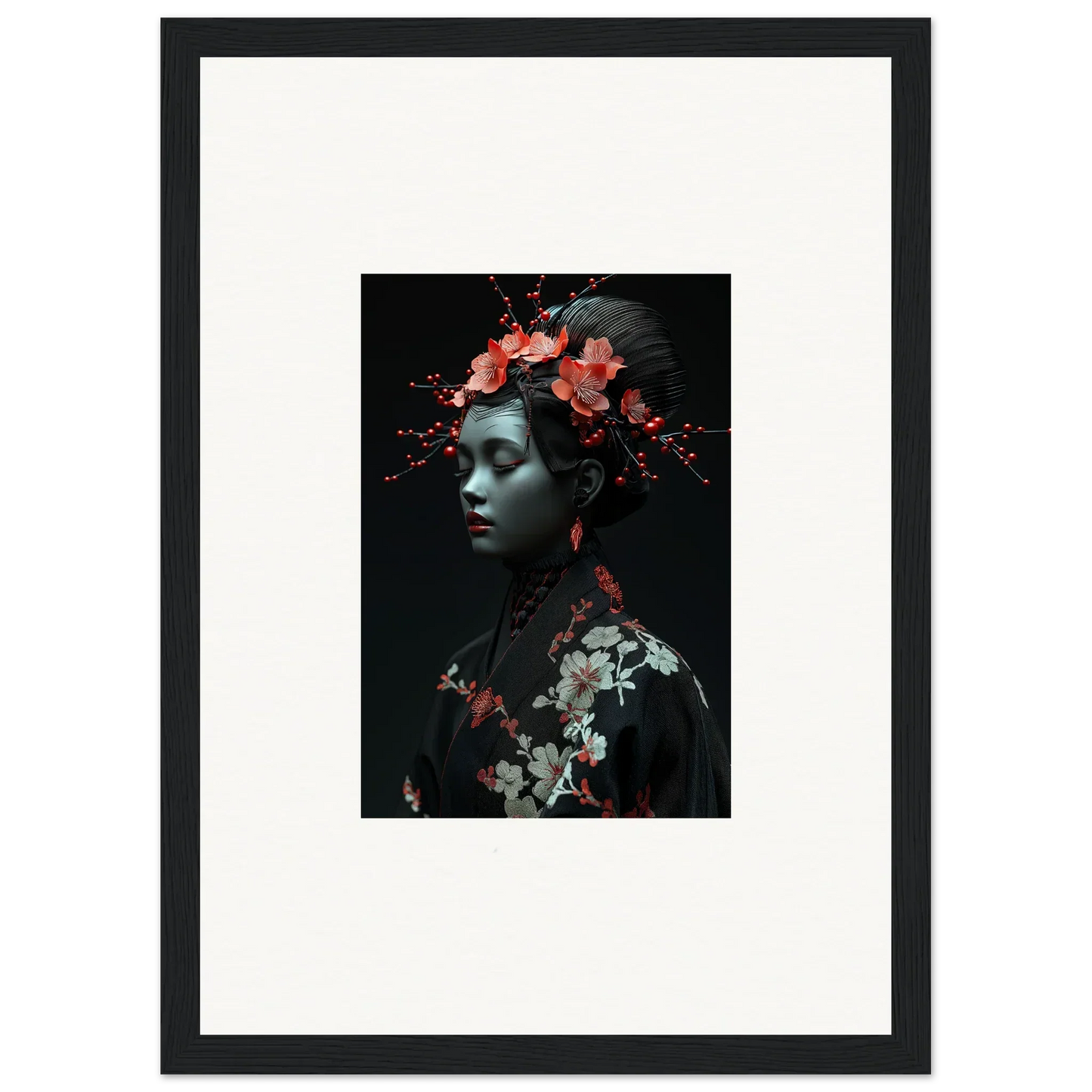 Framed wall art of a figure with floral accents showcasing Cherry Essence for room decor