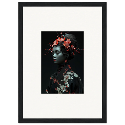 Framed wall art of a figure with floral accents showcasing Cherry Essence for room decor