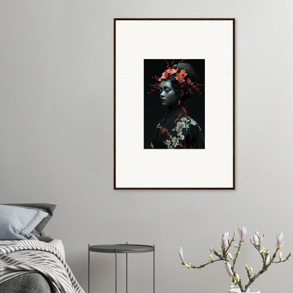 Framed wall art featuring a figure with cherry essence flowers on a dark background