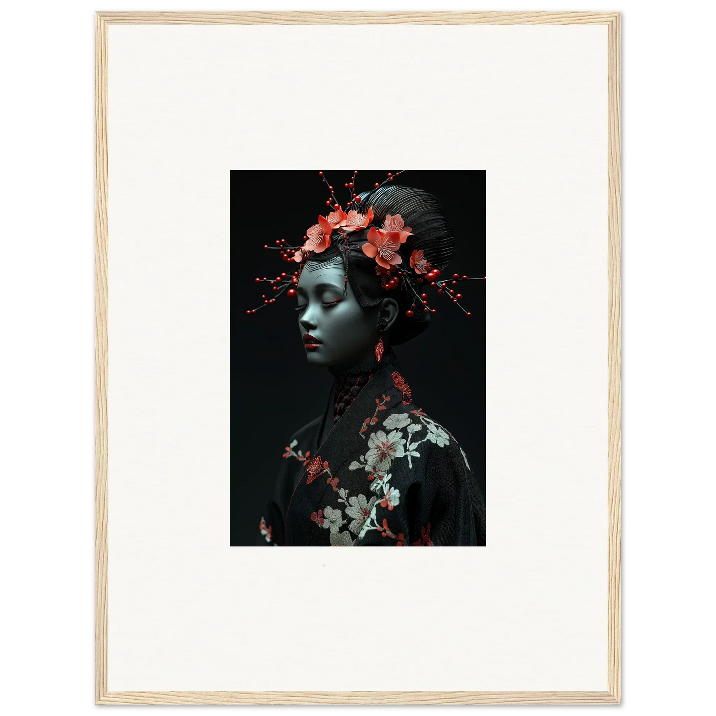 Framed wall art of person with cherry essence floral elements for stylish room decor