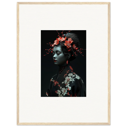 Framed wall art of person with cherry essence floral elements for stylish room decor