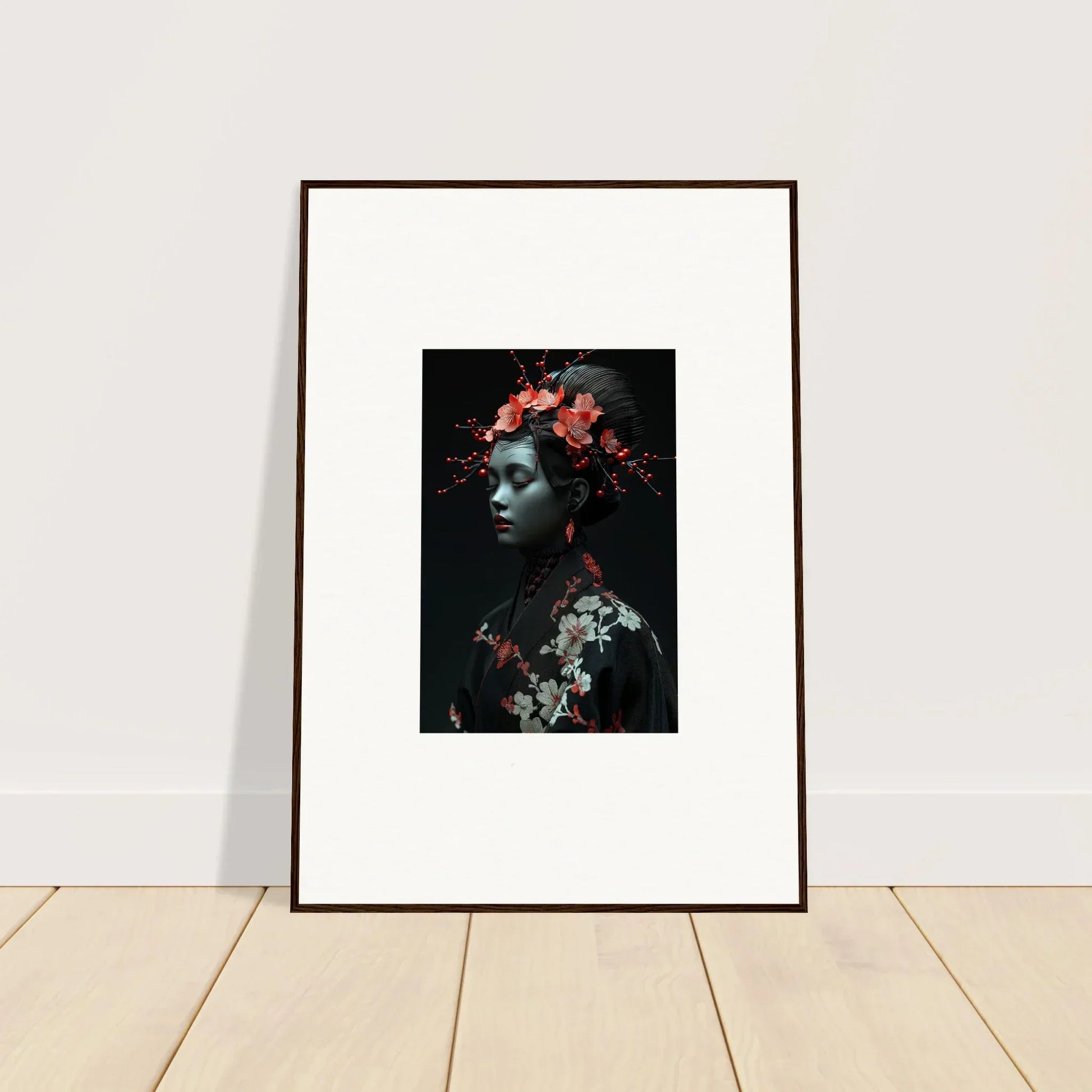 Framed wall art featuring floral elements and cherry essence on a dark background