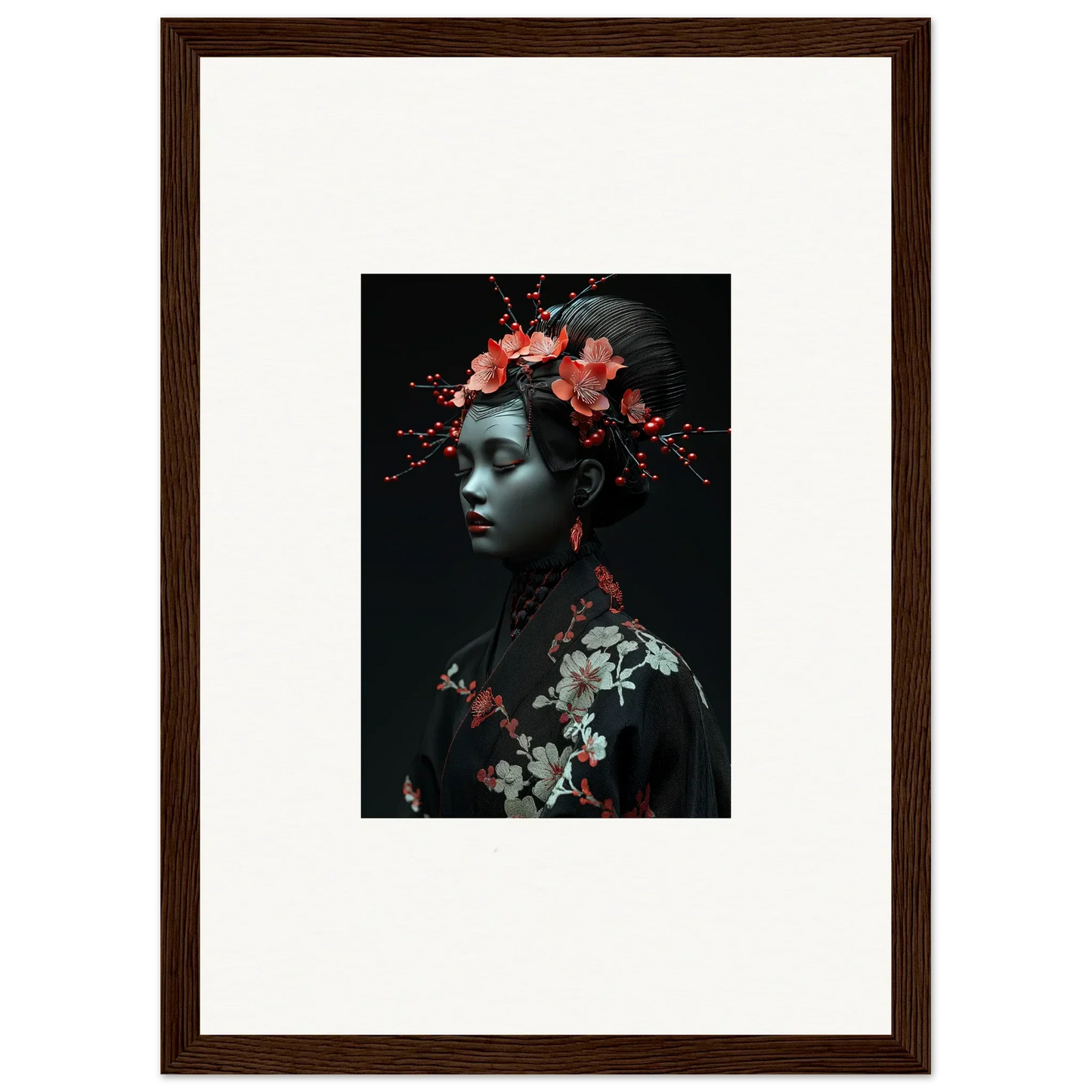 Framed wall art featuring floral elements and Cherry Essence against a dark background