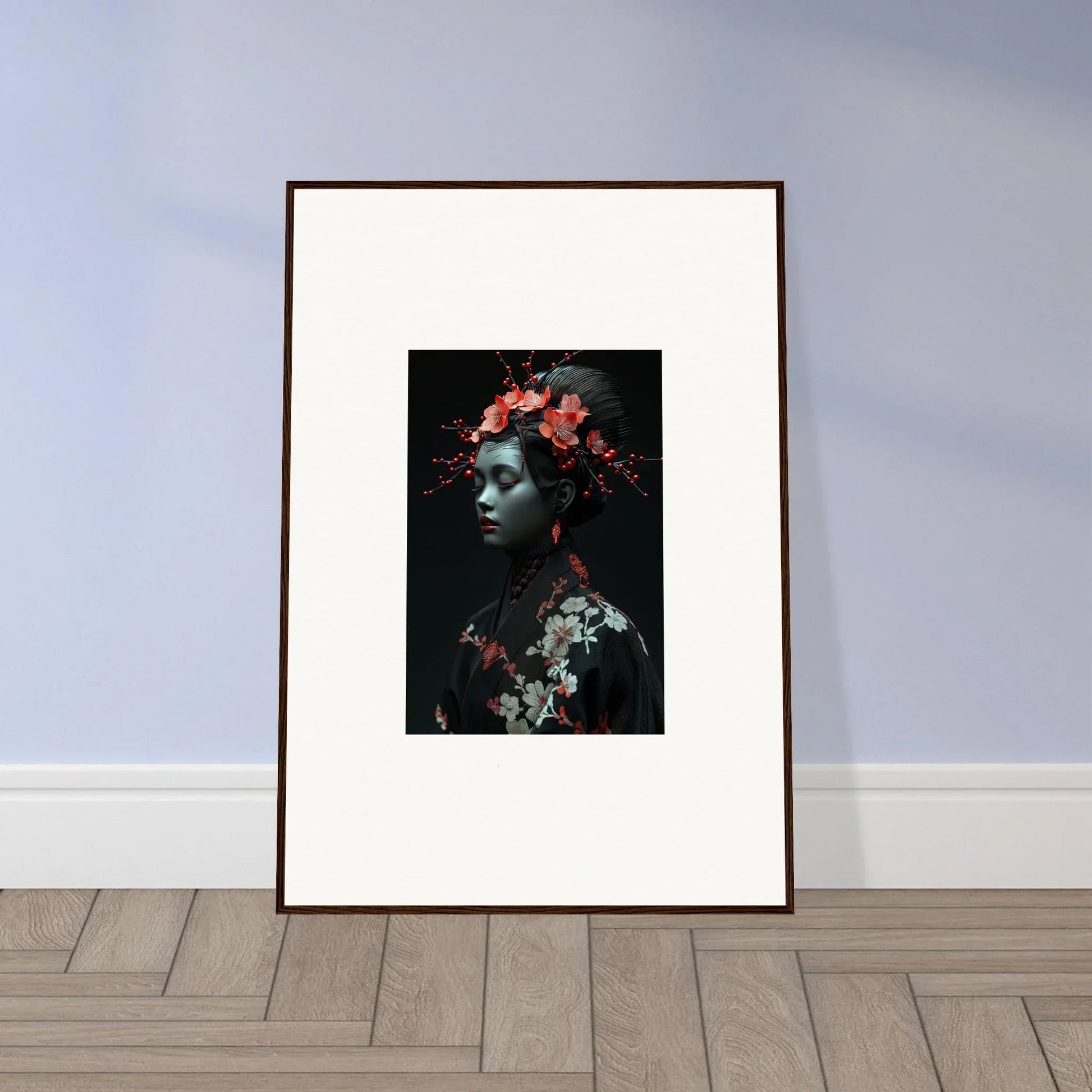 Framed wall art featuring blue-skinned figure with red flowers, perfect for cherry essence room decor