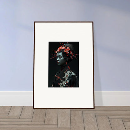 Framed wall art featuring blue-skinned figure with red flowers, perfect for cherry essence room decor