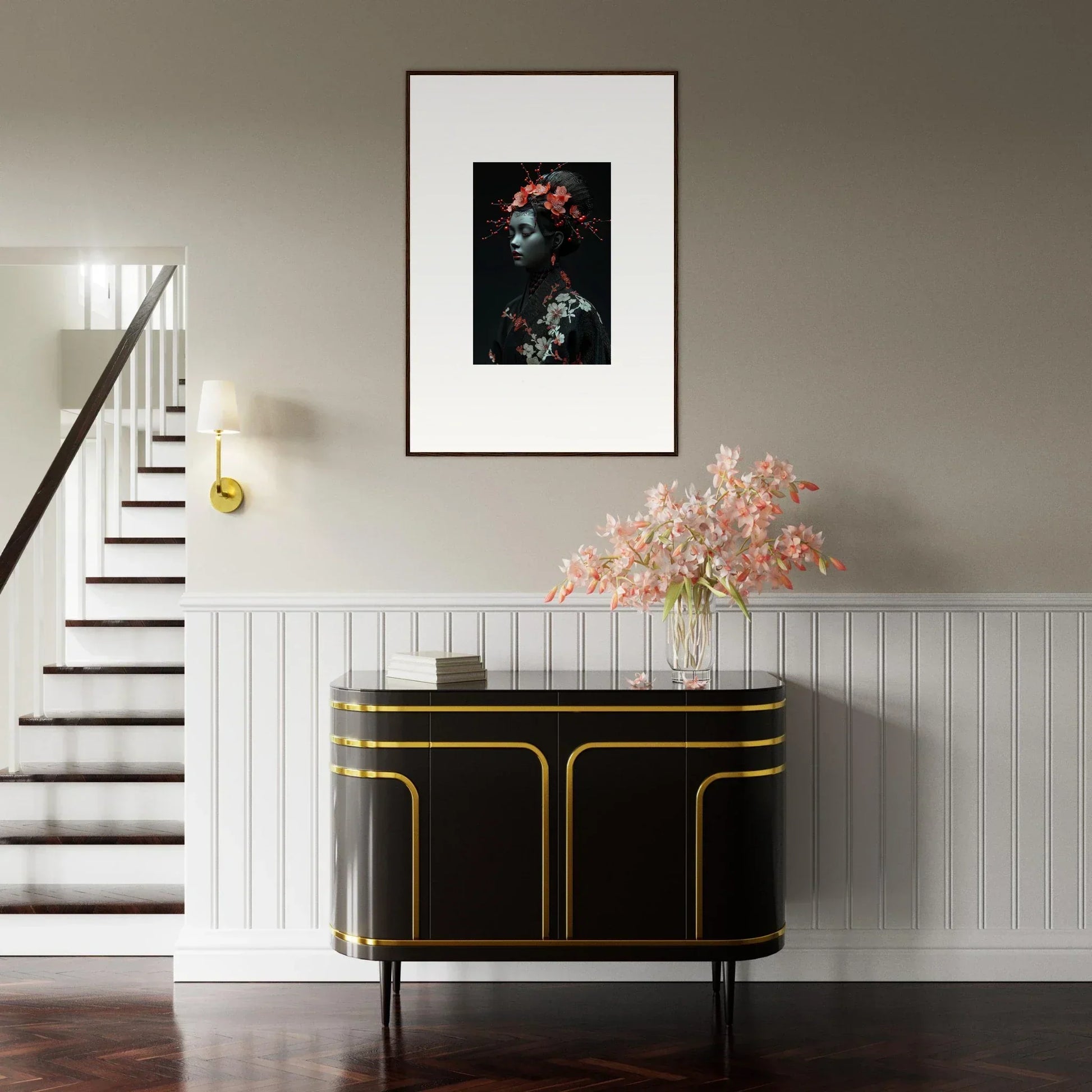 Elegant black sideboard with gold trim enhancing Cherry Essence room decor and art