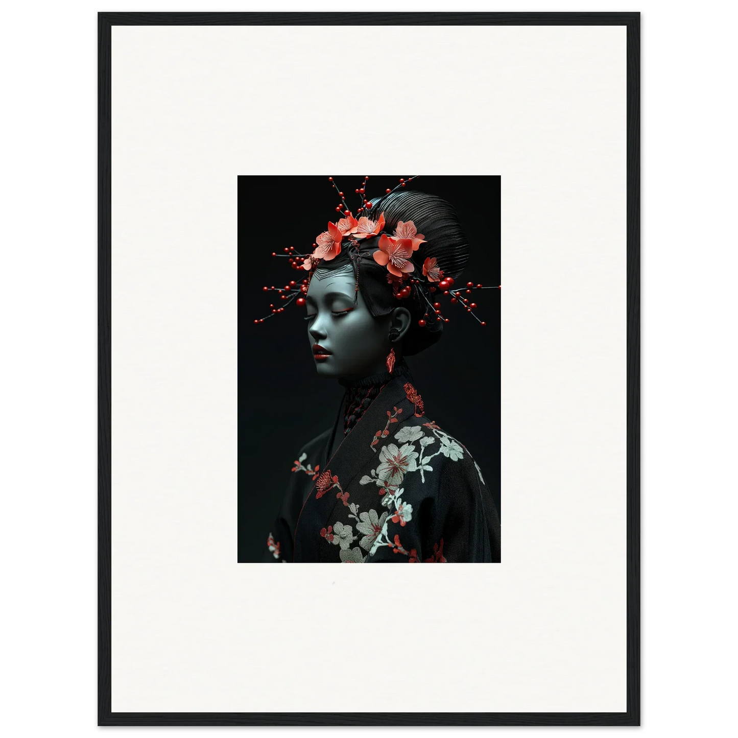 Framed wall art featuring a person with cherry essence flowers on a dark background