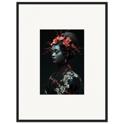 Framed wall art featuring a person with cherry essence flowers on a dark background