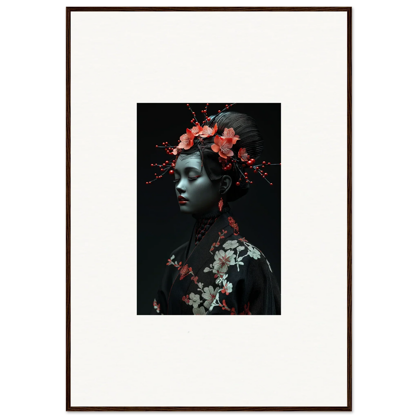 Framed wall art featuring Cherry Essence with red floral elements on a dark background