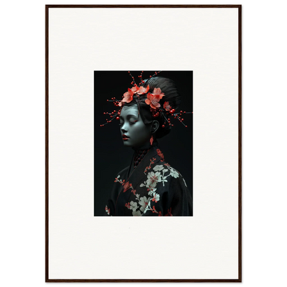 Framed wall art featuring Cherry Essence with red floral elements on a dark background