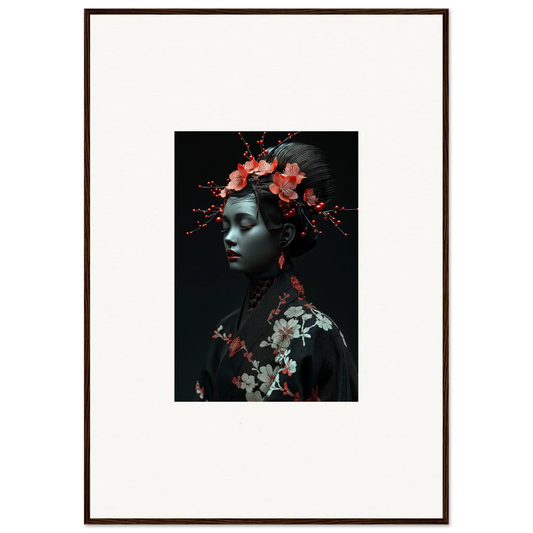 Framed wall art featuring Cherry Essence with red floral elements on a dark background