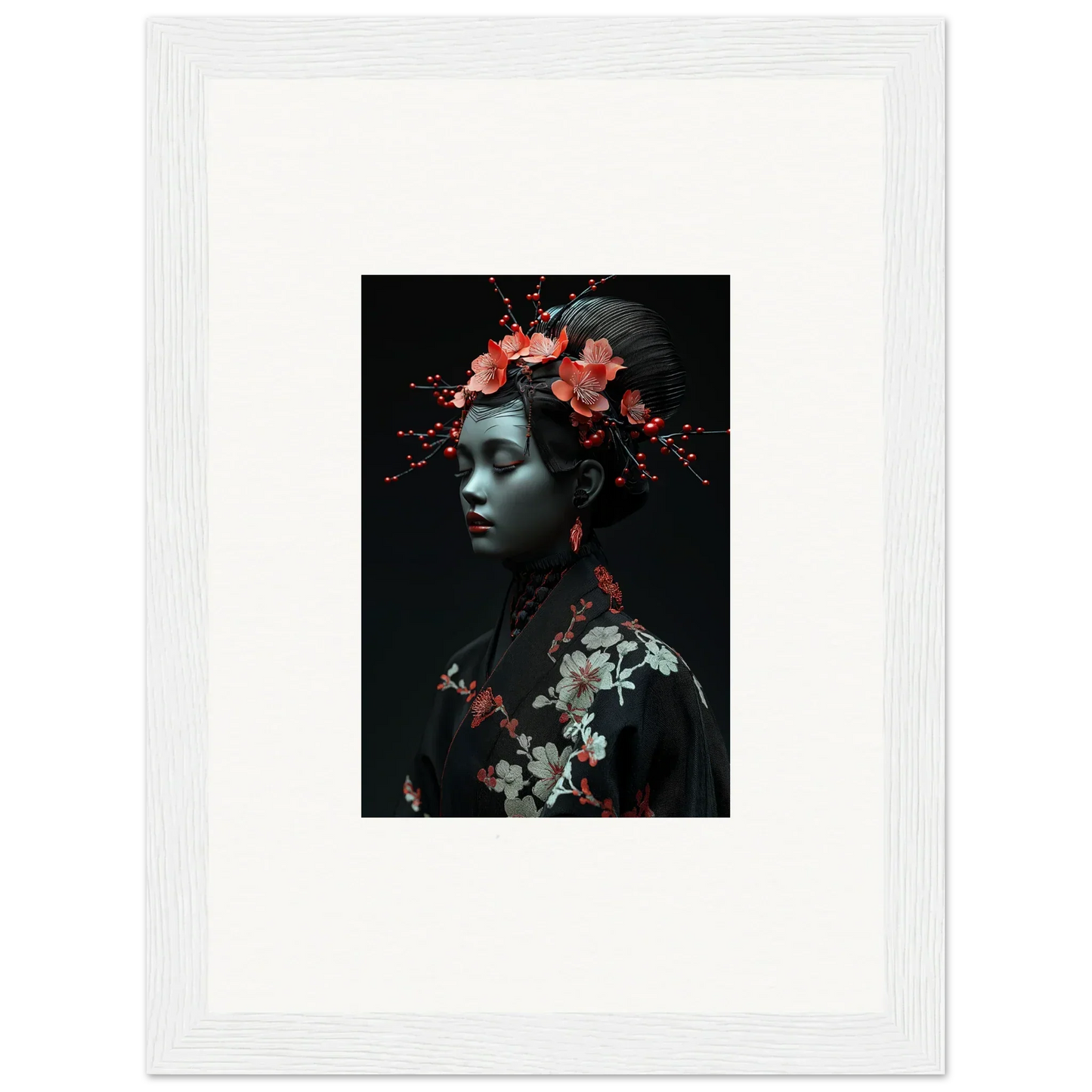 Framed wall art featuring floral elements and cherry essence on a dark background