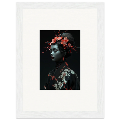 Framed wall art featuring floral elements and cherry essence on a dark background