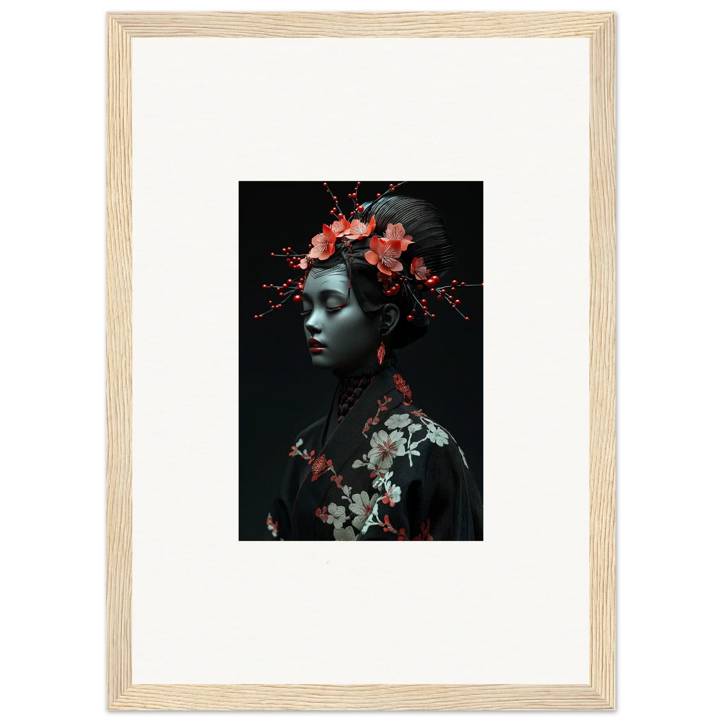 Framed wall art featuring a figure with floral elements and cherry essence for room decor