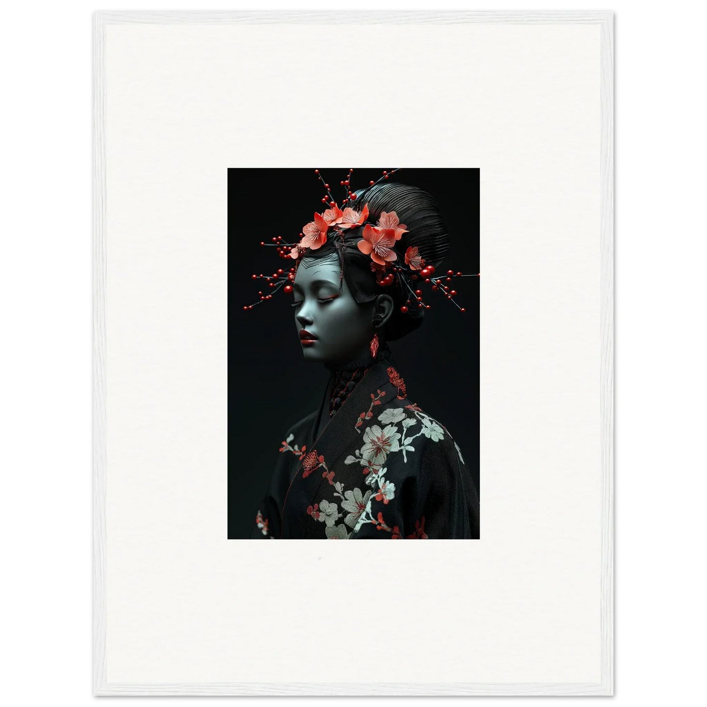 Portrait of a woman with vibrant flowers, perfect for Cherry Essence room decor