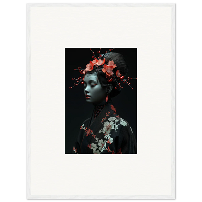 Portrait of a woman with vibrant flowers, perfect for Cherry Essence room decor