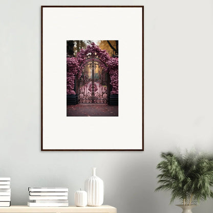 Framed wall art of an ornate gate and pink flowers, perfect for Prāt Butterfly Turntables