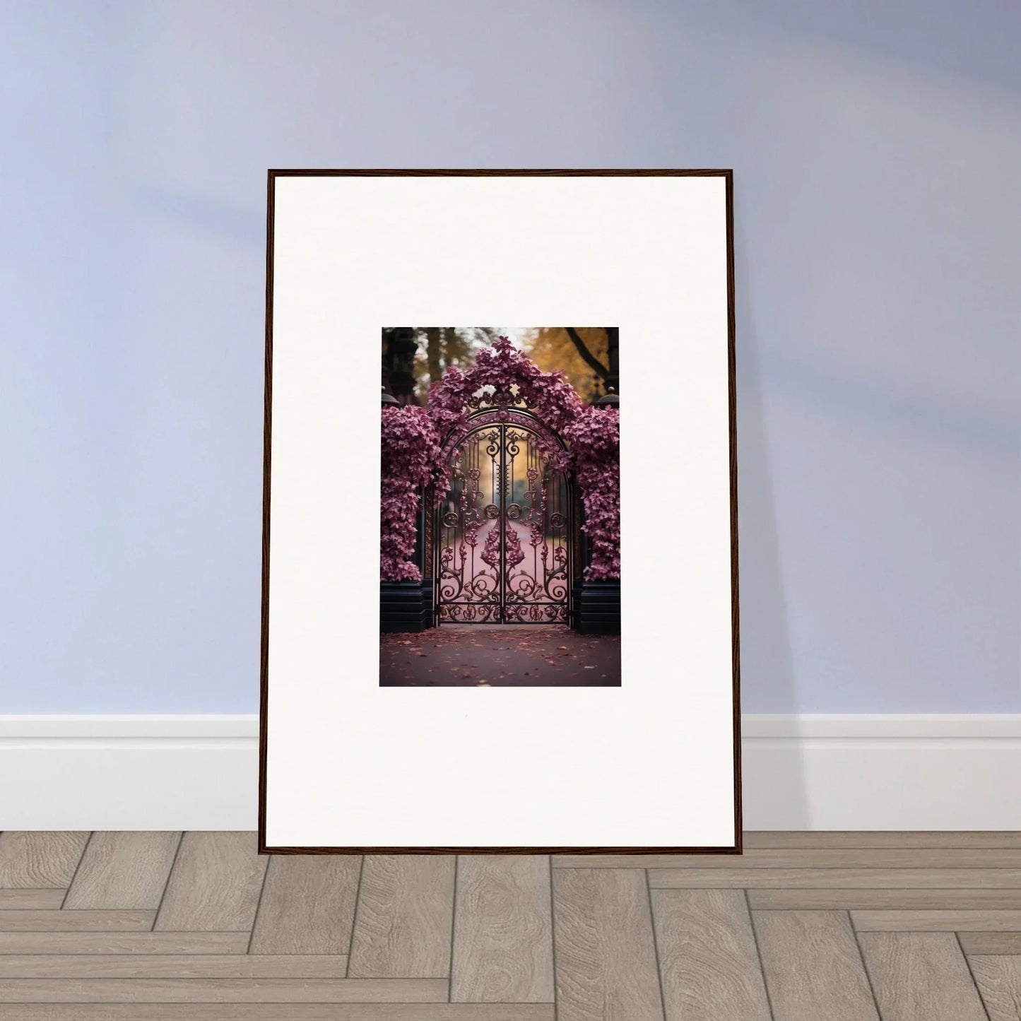 Framed wall art of an ornate gate with purple vines for Prāt Butterfly Turntables