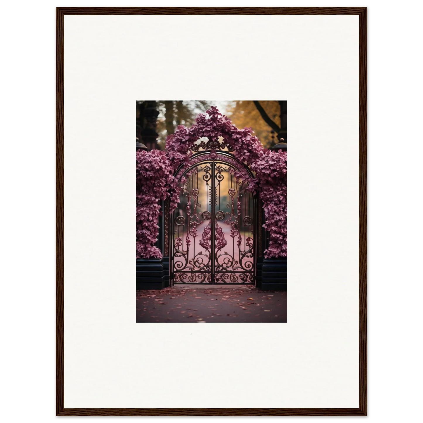 Ornate wrought iron gate with pink cherry blossoms by Prāt Butterfly Turntables art