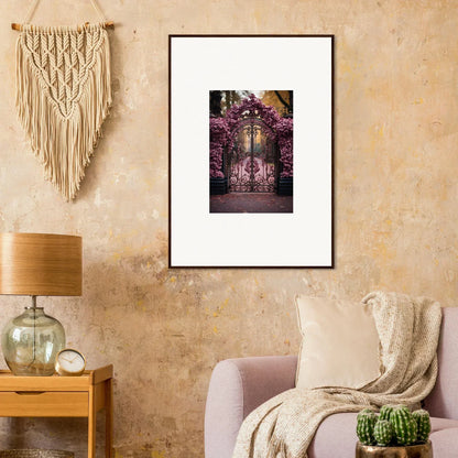 Framed wall art of a purple floral archway for Prāt Butterfly Turntables