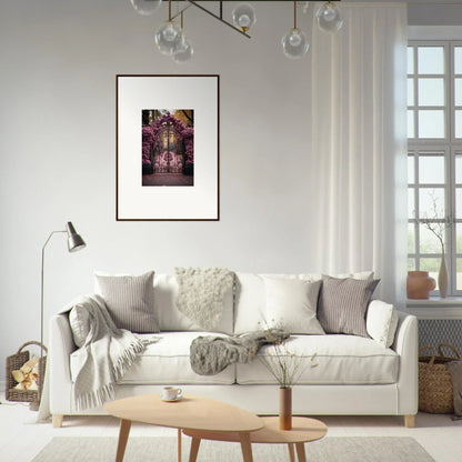 White sofa with gray and cream pillows, perfect for vibing with Prāt Butterfly Turntables