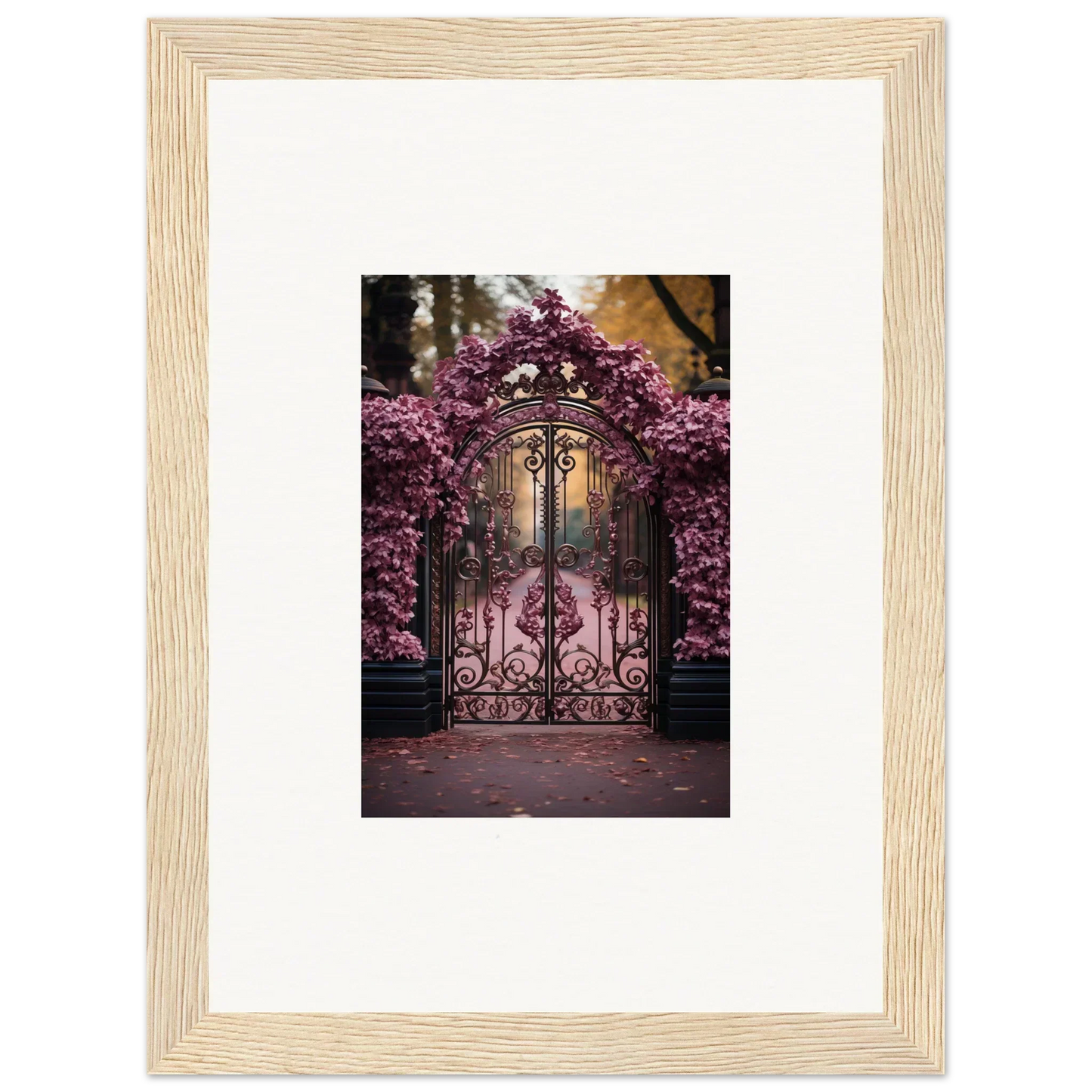 Ornate wrought iron gate with cherry blossoms, featured in Prāt Butterfly Turntables framed art