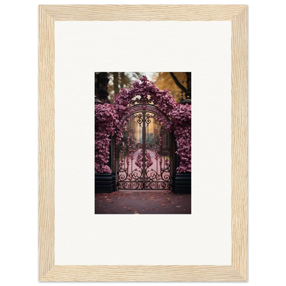 Ornate wrought iron gate with cherry blossoms, featured in Prāt Butterfly Turntables framed art