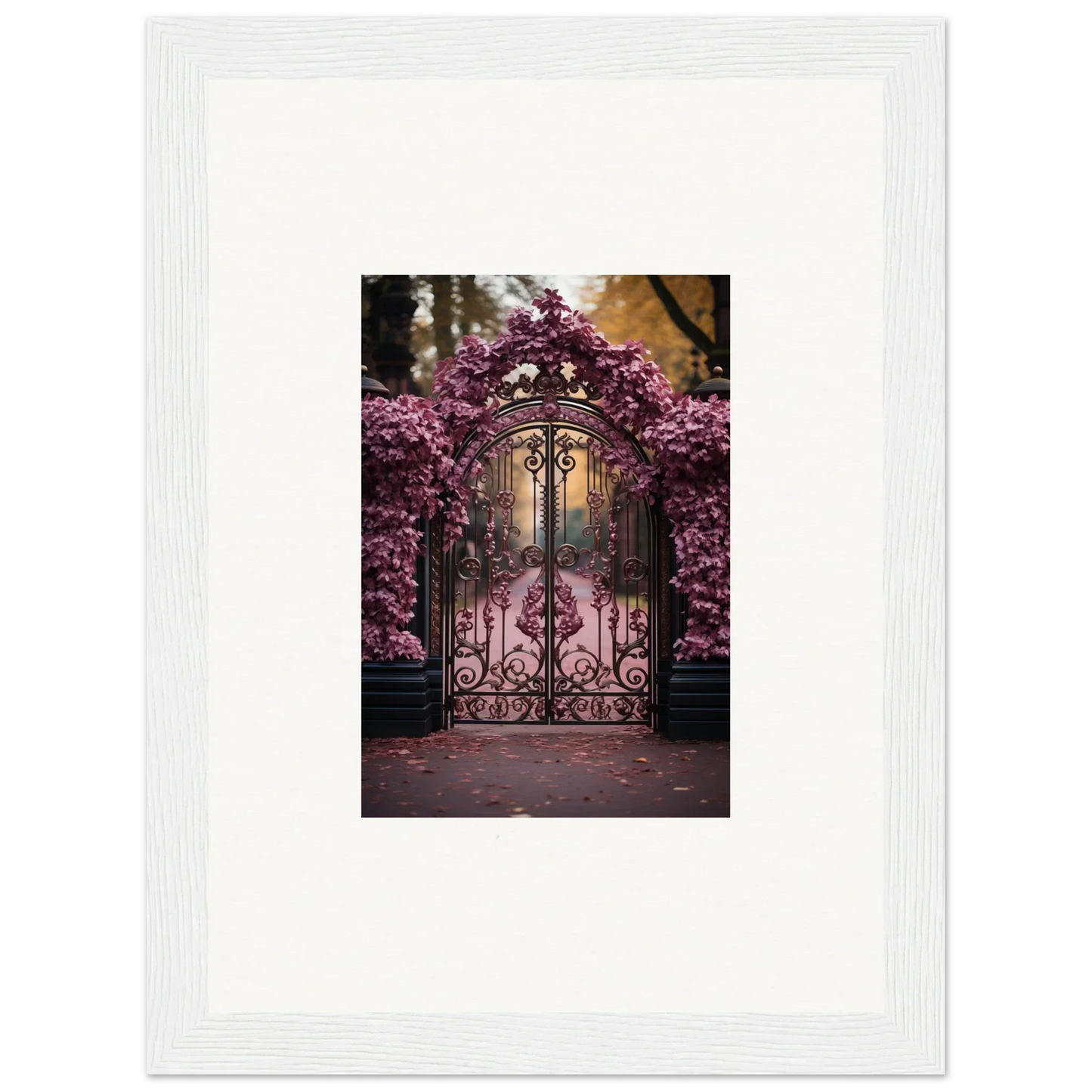 Ornate wrought iron gate framed by pink cherry blossoms for Prāt Butterfly Turntables art