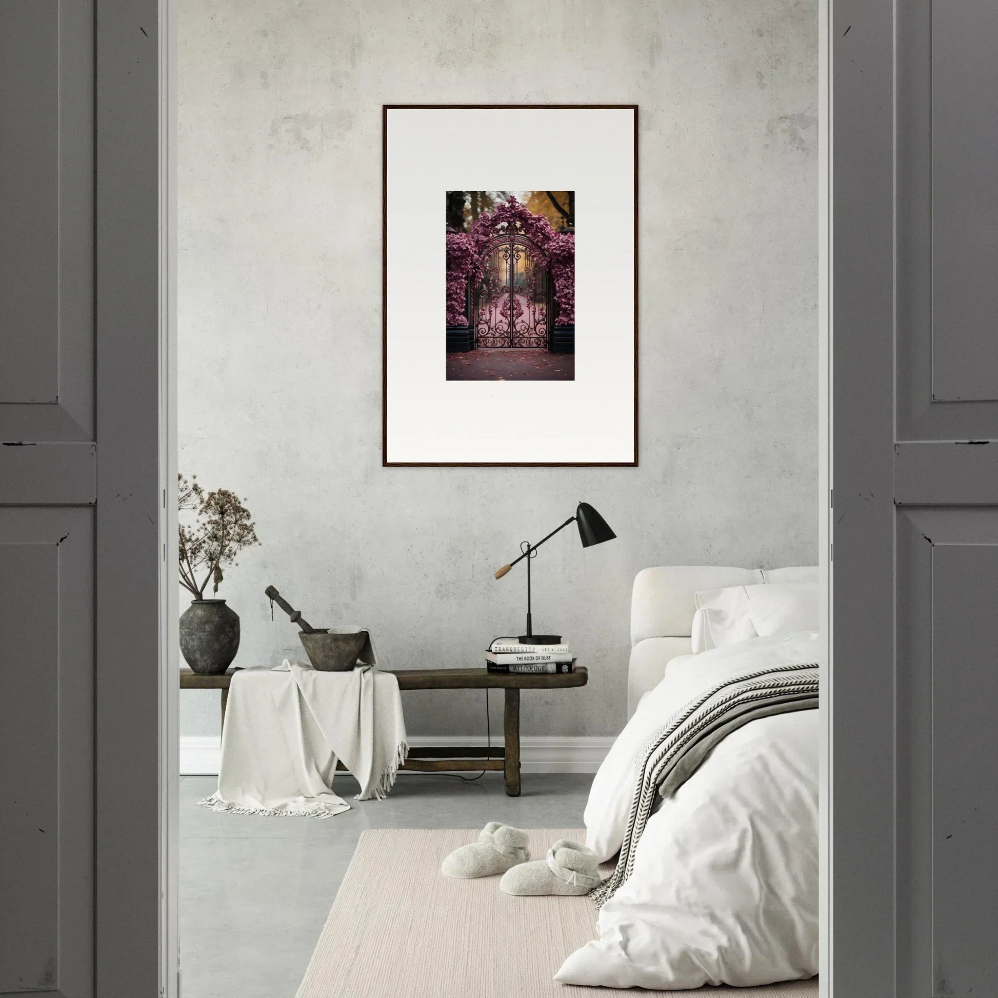 Framed wall art of a pink garden gate, perfect for Prāt Butterfly Turntables fans