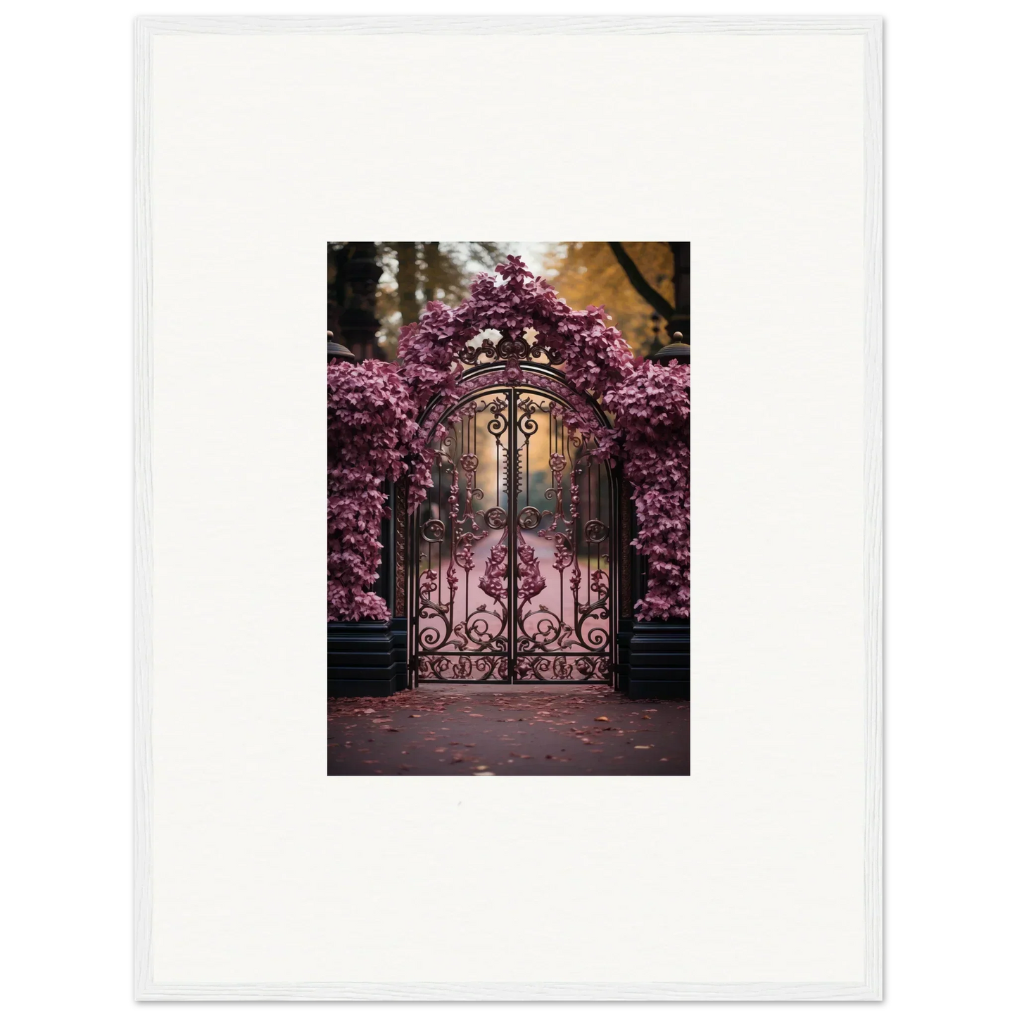 Ornate wrought iron gate with pink cherry blossoms for Prāt Butterfly Turntables art