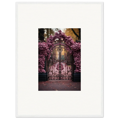 Ornate wrought iron gate with pink cherry blossoms for Prāt Butterfly Turntables art