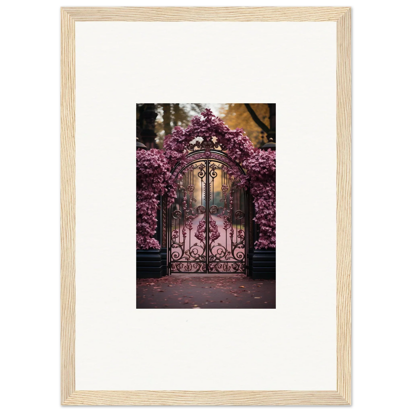 Ornate wrought iron gate with cherry blossoms, perfect for Prāt Butterfly Turntables wall art