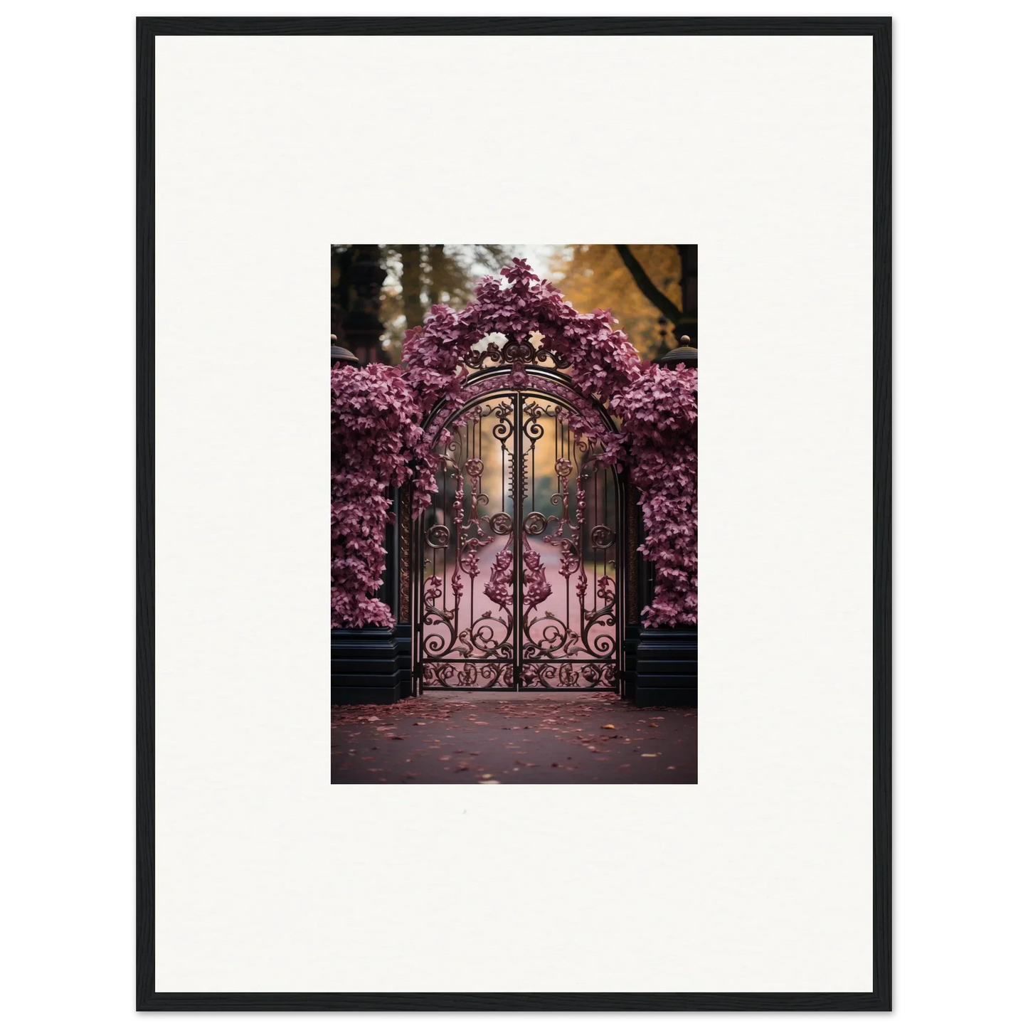 Ornate wrought iron gate with blooming pink cherry blossoms for Prāt Butterfly Turntables