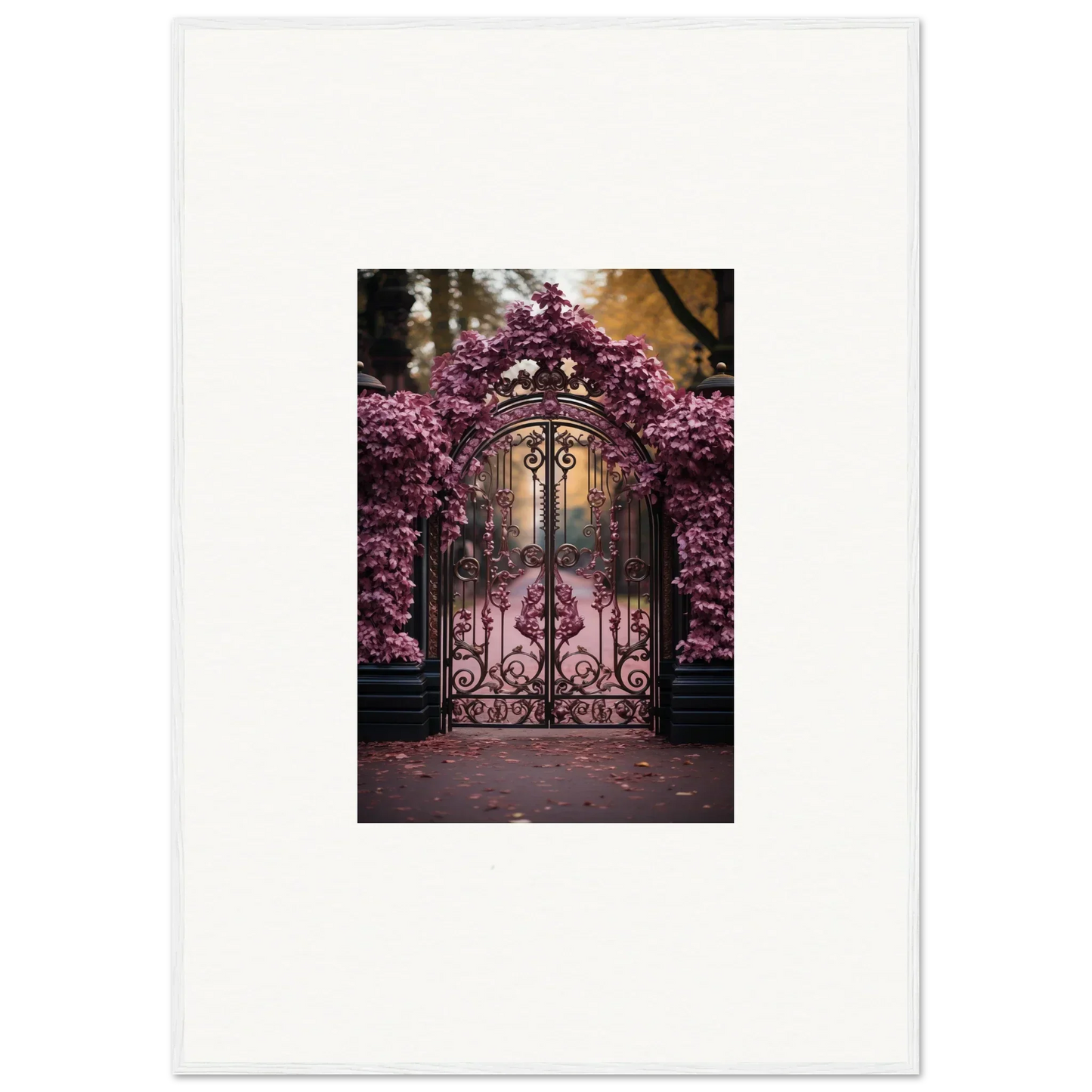 Ornate wrought iron gate with cherry blossoms, perfect for Prāt Butterfly Turntables art