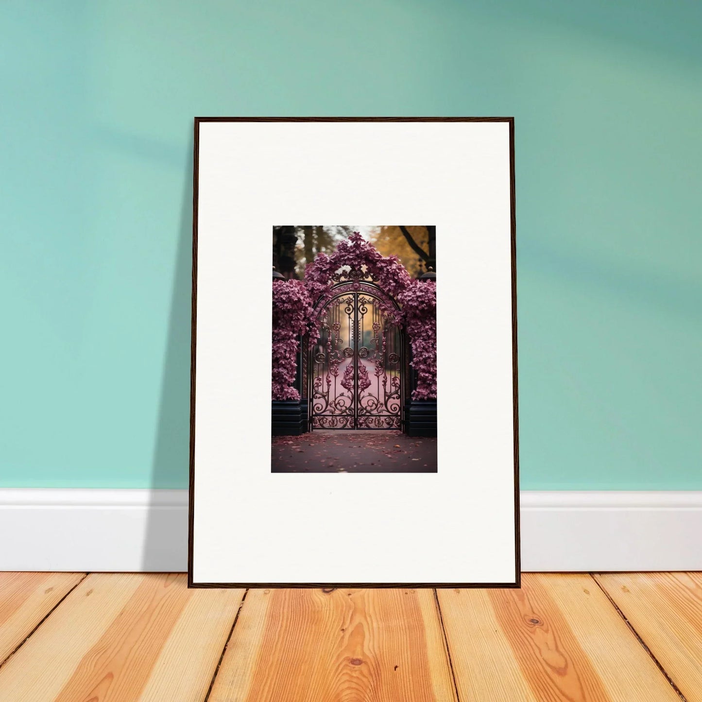 Framed wall art of an ornate garden gate with purple vines for Prāt Butterfly Turntables