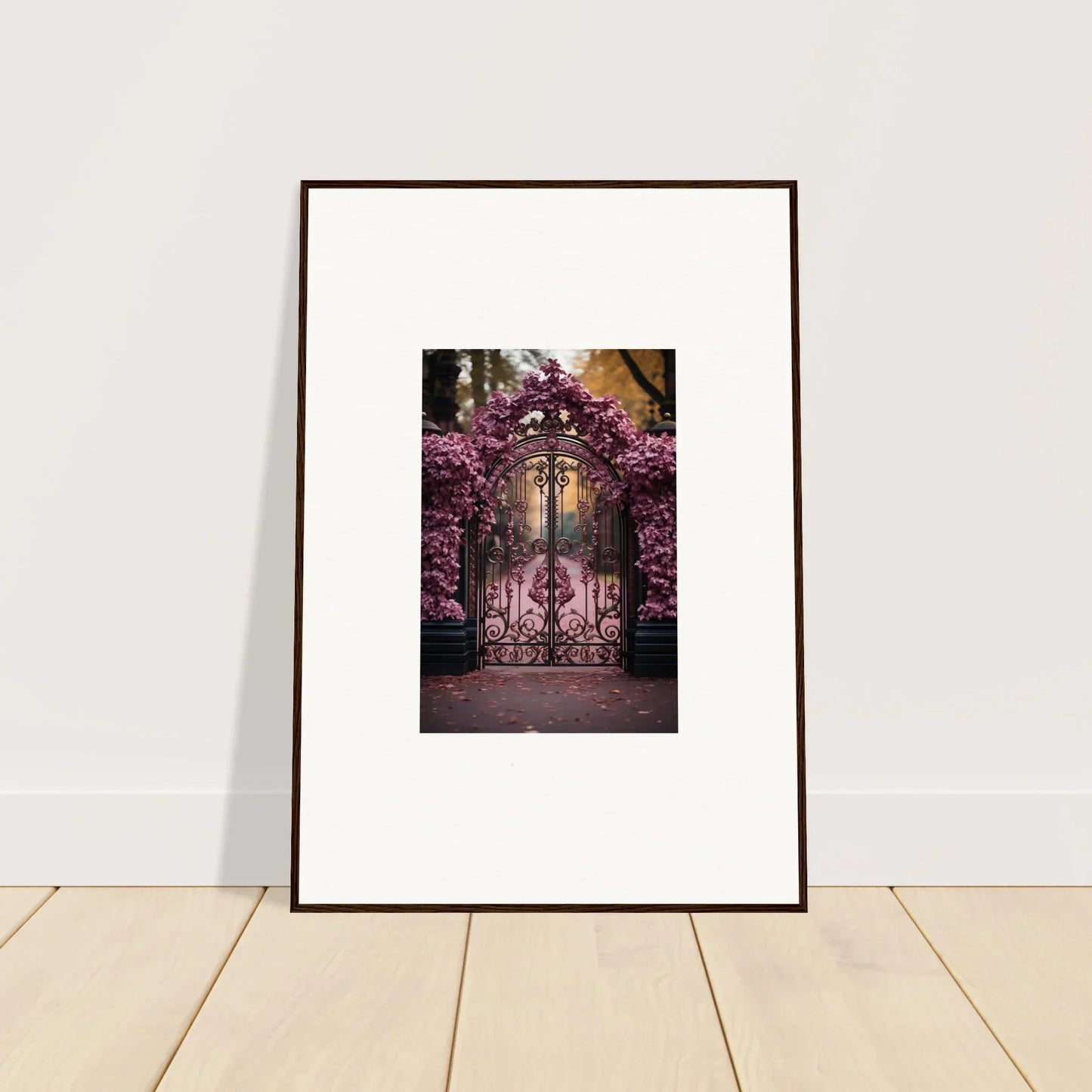 Framed wall art of ornate iron gate with wisteria for Prāt Butterfly Turntables