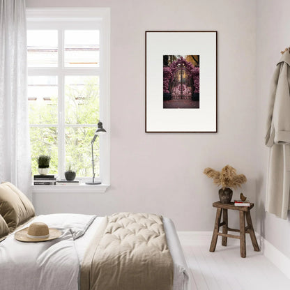 Minimalist bedroom featuring Prāt Butterfly Turntables and natural textures on the walls