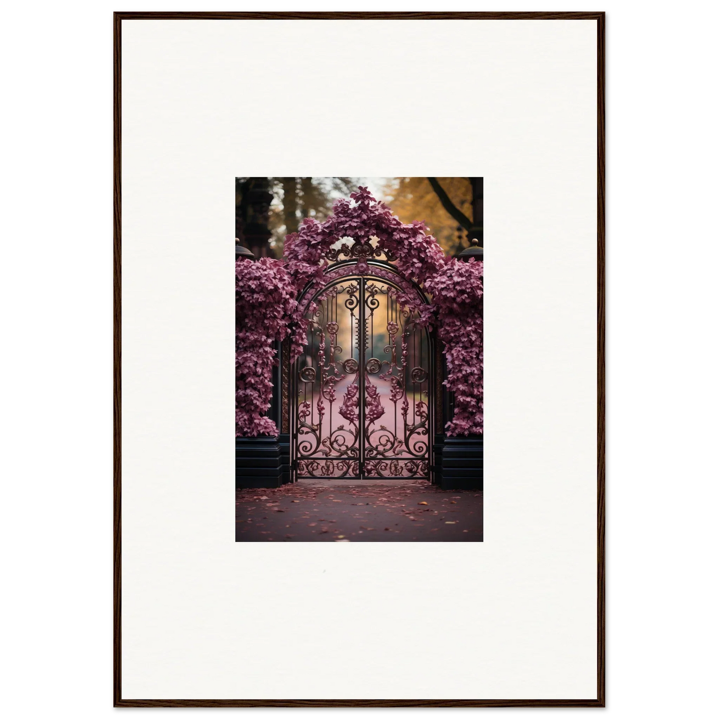 Ornate wrought iron gate framed by pink cherry blossoms, perfect for Prāt Butterfly Turntables