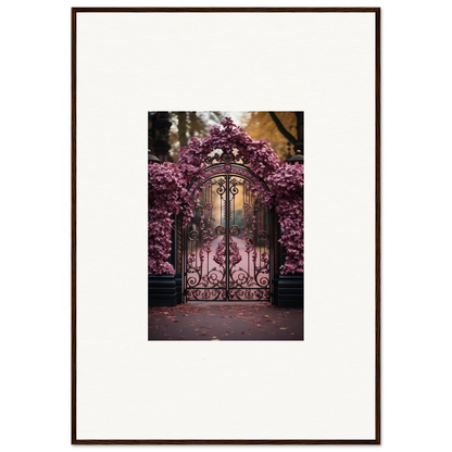 Ornate wrought iron gate framed by pink cherry blossoms, perfect for Prāt Butterfly Turntables